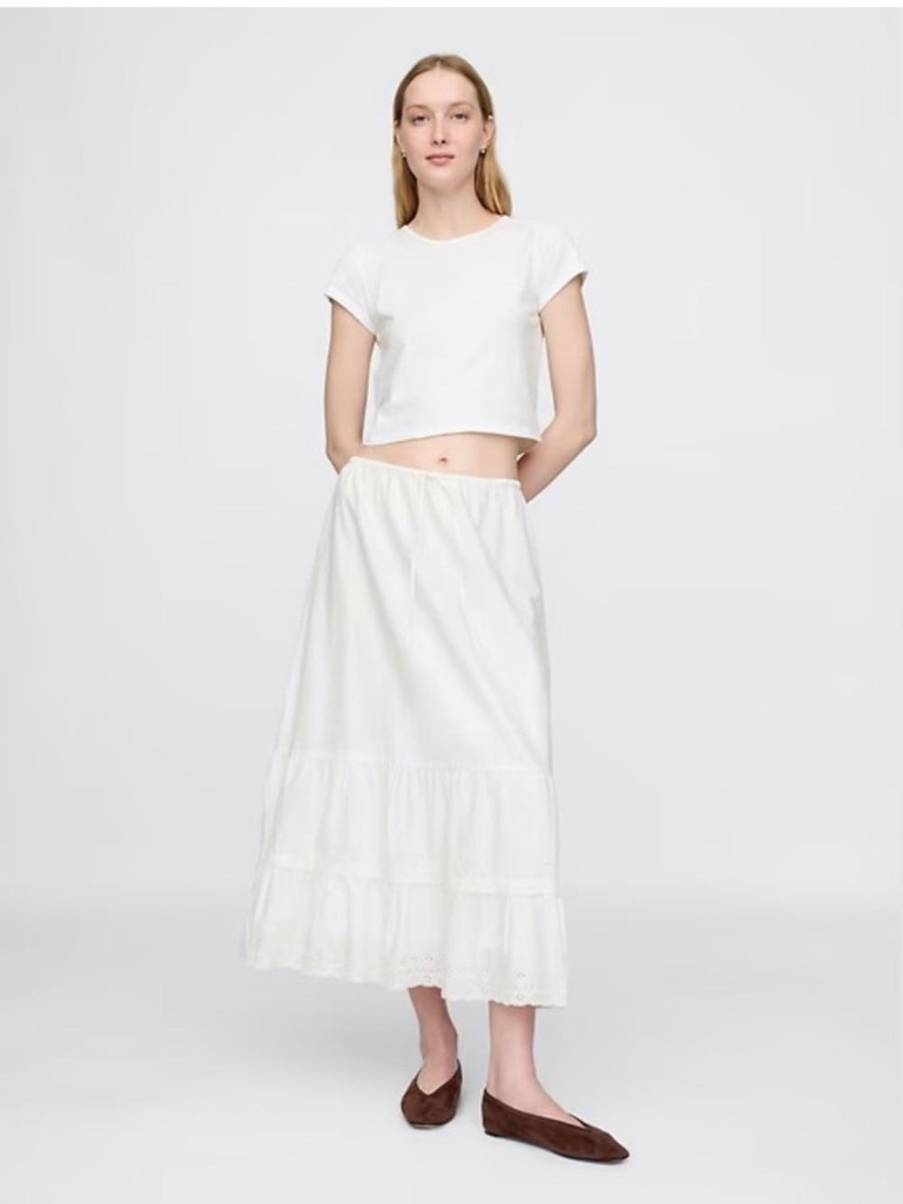 Gap White Cotton Eyelet Ruffle Maxi Skirt Sz L